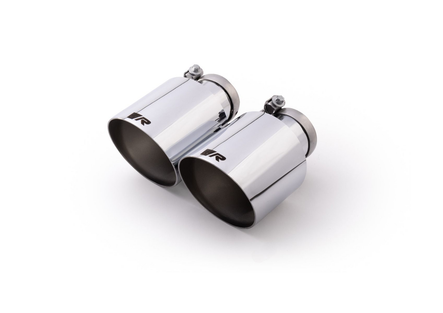 Stainless steel tail pipe set consisting of 2 tail pipes Ø 115 mm angled chromed with adjustable spherical clamp connection
