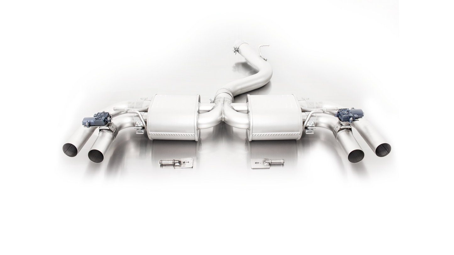 L/R Sport exhaust centered with 2 integrated valves (selectable tail pipes) with non-resonated RACING front section, NO (EC-) APPROVAL