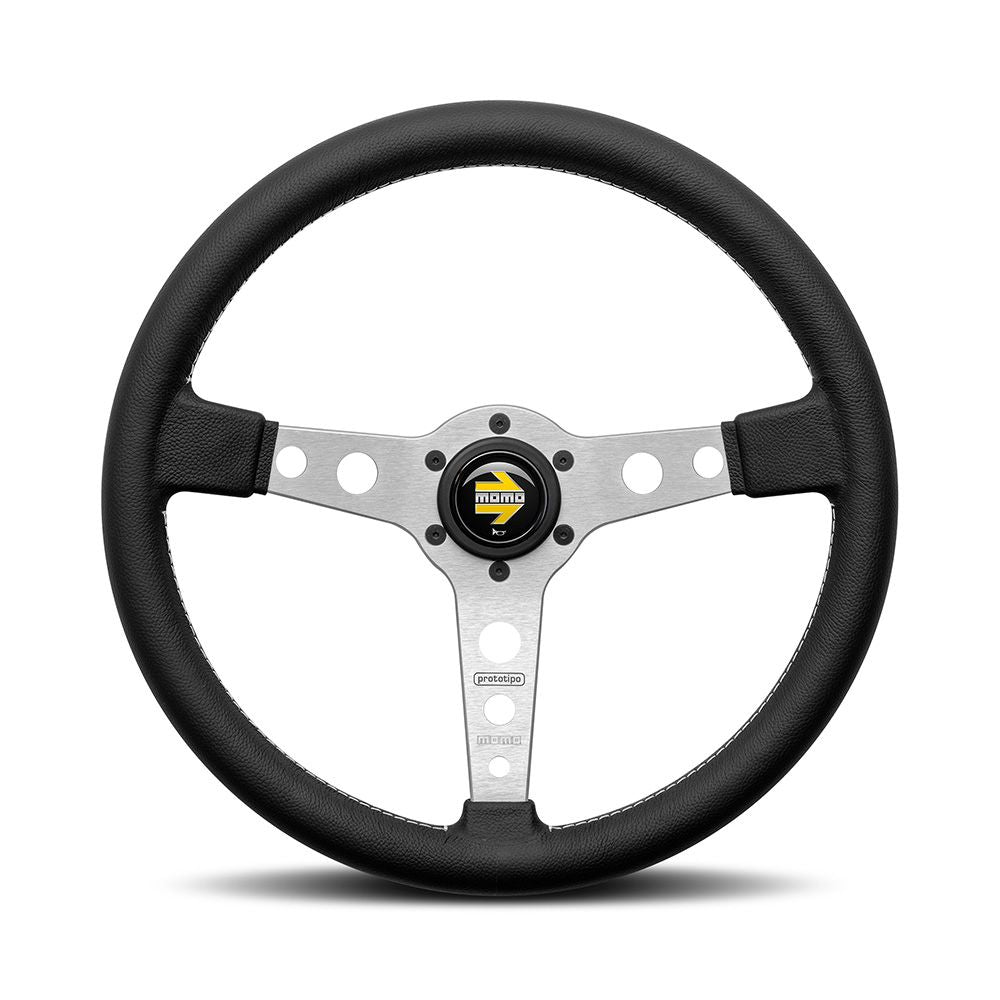MOMO PROTOTIPO SILVER STEERING WHEEL - BLACK LEATHER 370MM