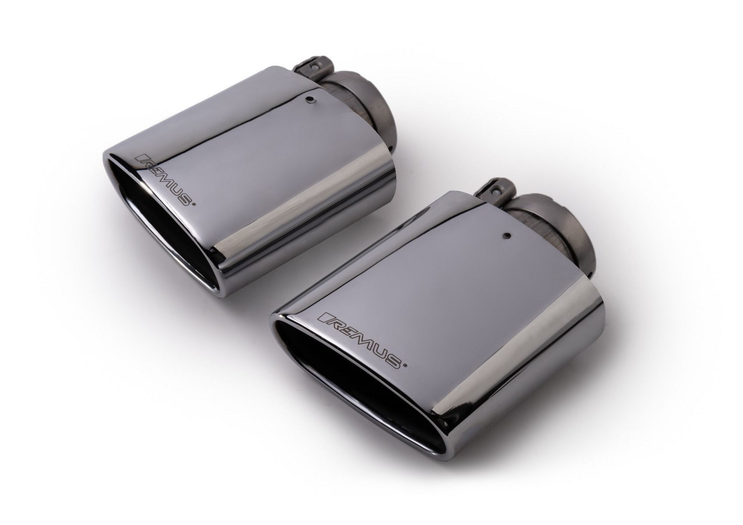 Tail pipe set L/R each 1 tail pipe 142x72 mm angled/angled chromed with adjustable spherical clamp connection