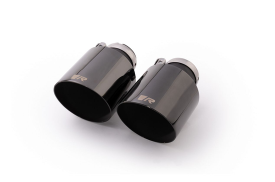 Stainless steel tail pipe set: 2 tail pipes Ø 102 mm angled straight cut Glossy Black with adjustable spherical clamp connection
