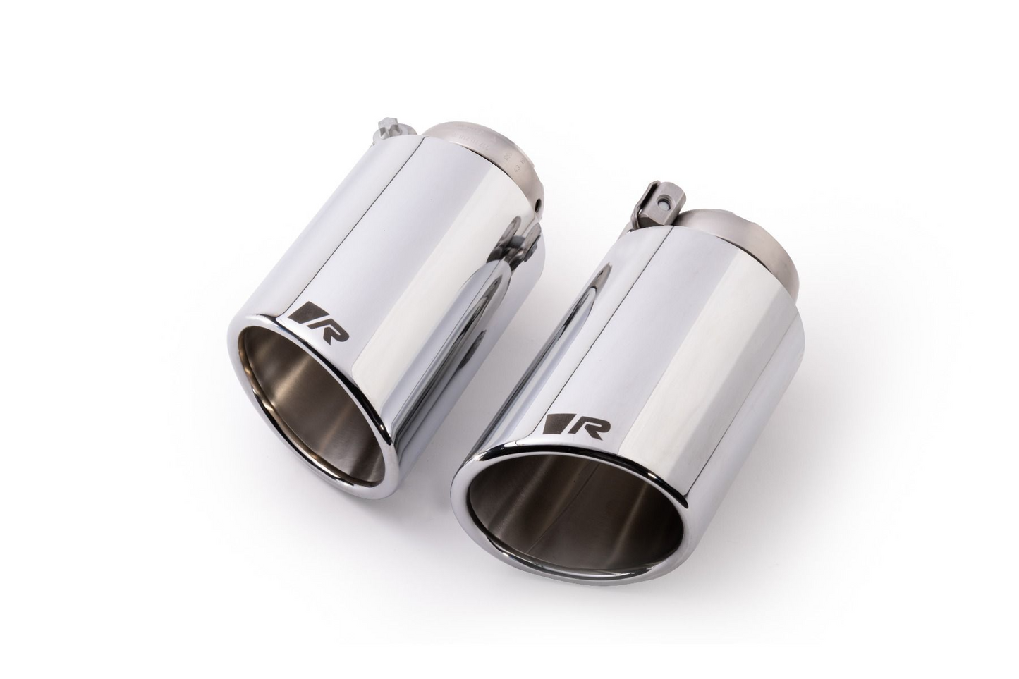 Stainless steel tail pipe set 2 tail pipes Ø 102 mm angled/angled rolled edge chromed with adjustable spherical clamp connection "R“ Logo