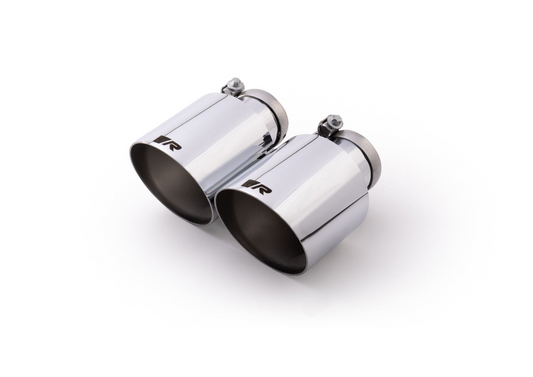 Stainless steel tail pipe set consisting of 2 tail pipes Ø 115 mm angled chromed with adjustable spherical clamp connection