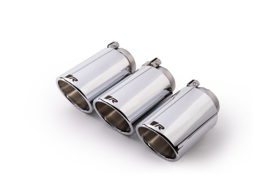 Stainless steel tail pipe set consisting of 3 tail pipes Ø 102 mm angled chromed with adjustable spherical clamp connection