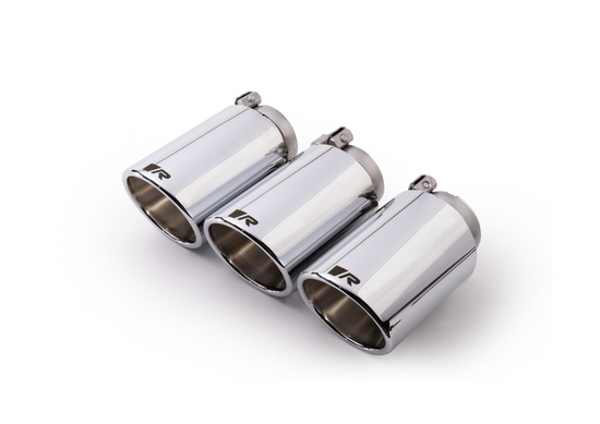 Stainless steel tail pipe set consisting of 3 tail pipes Ø 102 mm angled chromed with adjustable spherical clamp connection