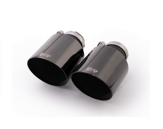 Stainless steel tail pipe set L/R with each 2 tail pipes Ø 102 mm angled straight cut black chrome with adjustable spherical clamp connection