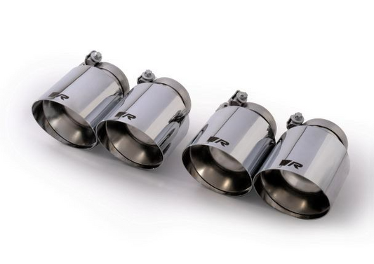 Stainless steel tail pipe set L/R with each 2 tail pipes Ø 102 mm angled straight cut chromed with adjustable spherical clamp connection