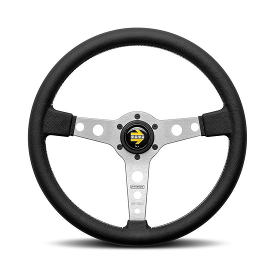 MOMO PROTOTIPO SILVER STEERING WHEEL - BLACK LEATHER 370MM