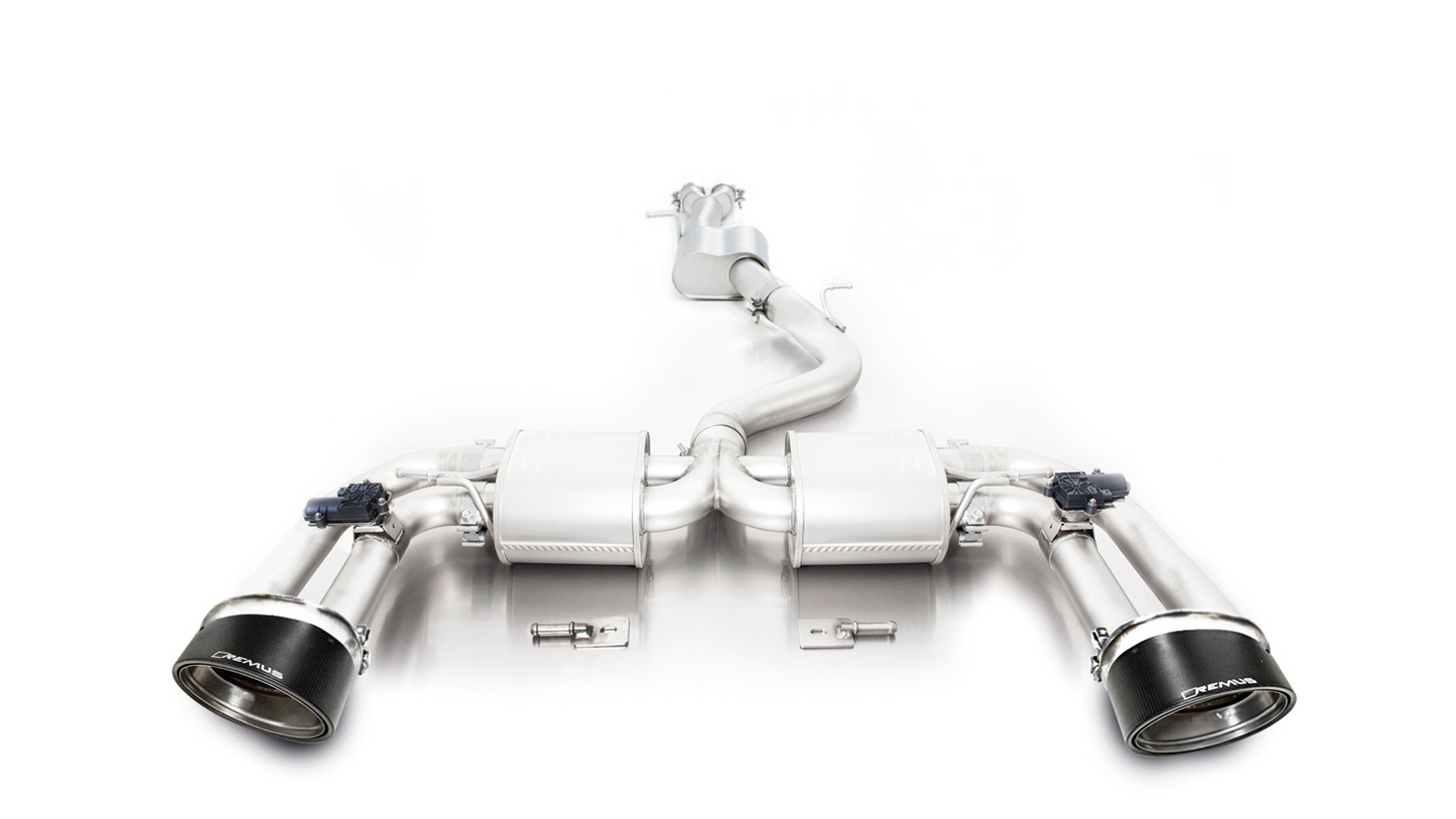 L/R Sport exhaust centered with 2 integrated valves (selectable tail pipes) with resonated GPF-back front section, (EEC-) approval