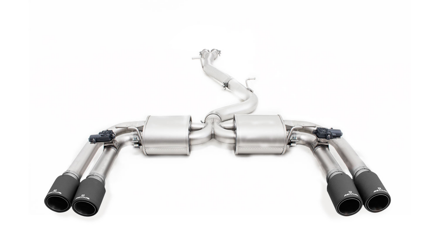 L/R Sport exhaust centered with 2 integrated valves (selectable tail pipes) with non-resonated RACING GPF-back front section, NO (EEC-) APPROVAL