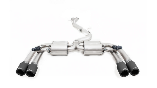 L/R Sport exhaust centered with 2 integrated valves (selectable tail pipes) with non-resonated RACING GPF-back front section, NO (EEC-) APPROVAL