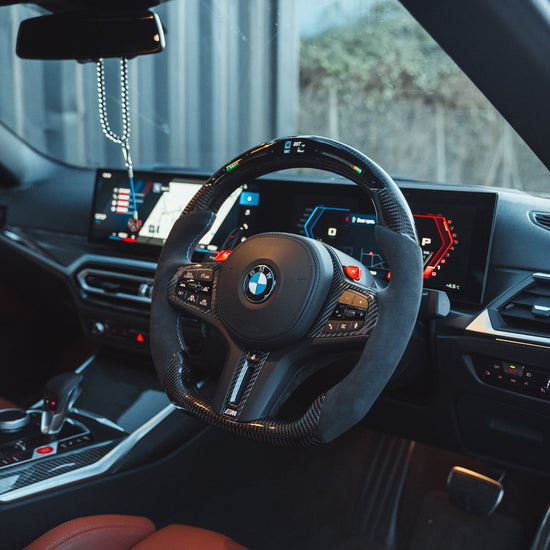 BMW GXX CARBON FIBRE / ALCANTARA LED FLAT BOTTOM STEERING WHEEL - CT DESIGN